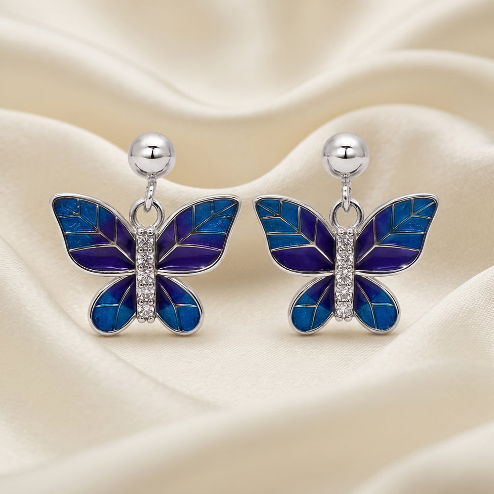 Silver Blue Ombre Enamel Butterfly Drop Earrings