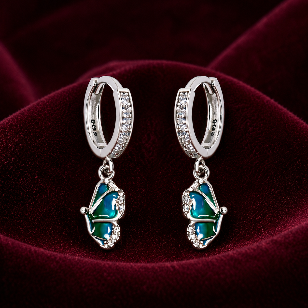 Silver Blue Pear Drop Huggie Earrings