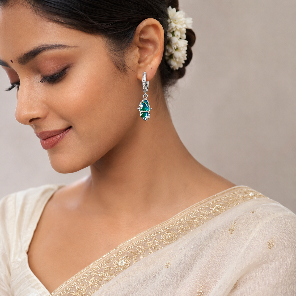 Silver Blue Pear Drop Huggie Earrings