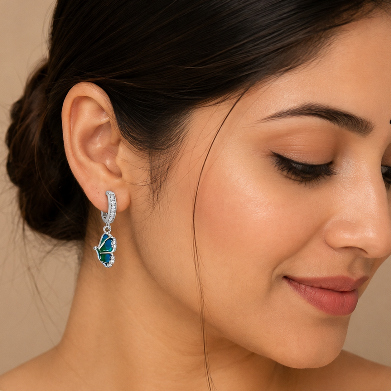Silver Blue Pear Drop Huggie Earrings