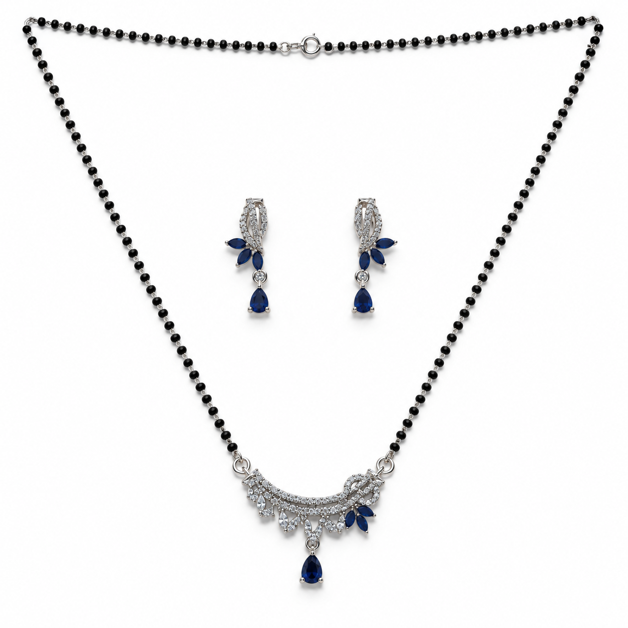 Silver Blue Stone Marquise Drop Mangalsutra Set