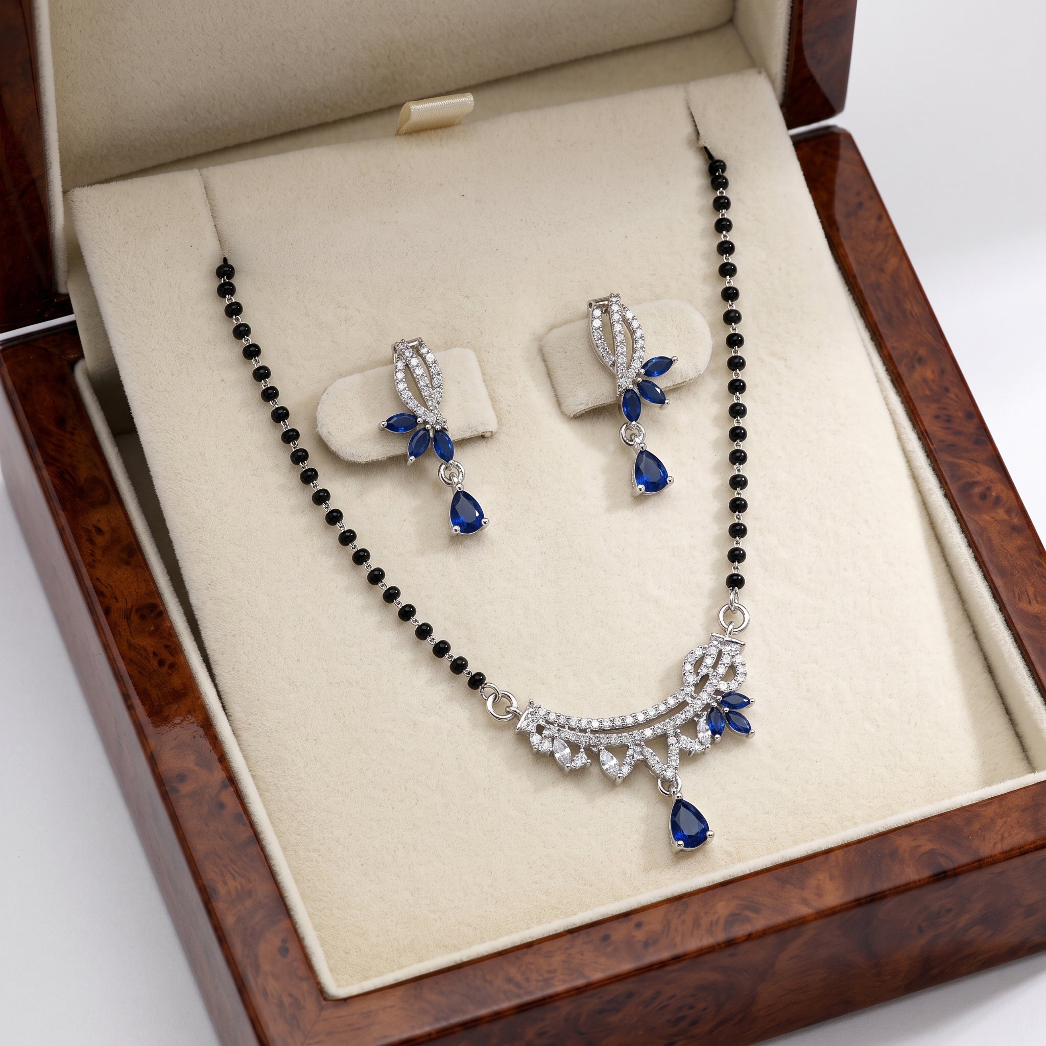 Silver Blue Stone Marquise Drop Mangalsutra Set