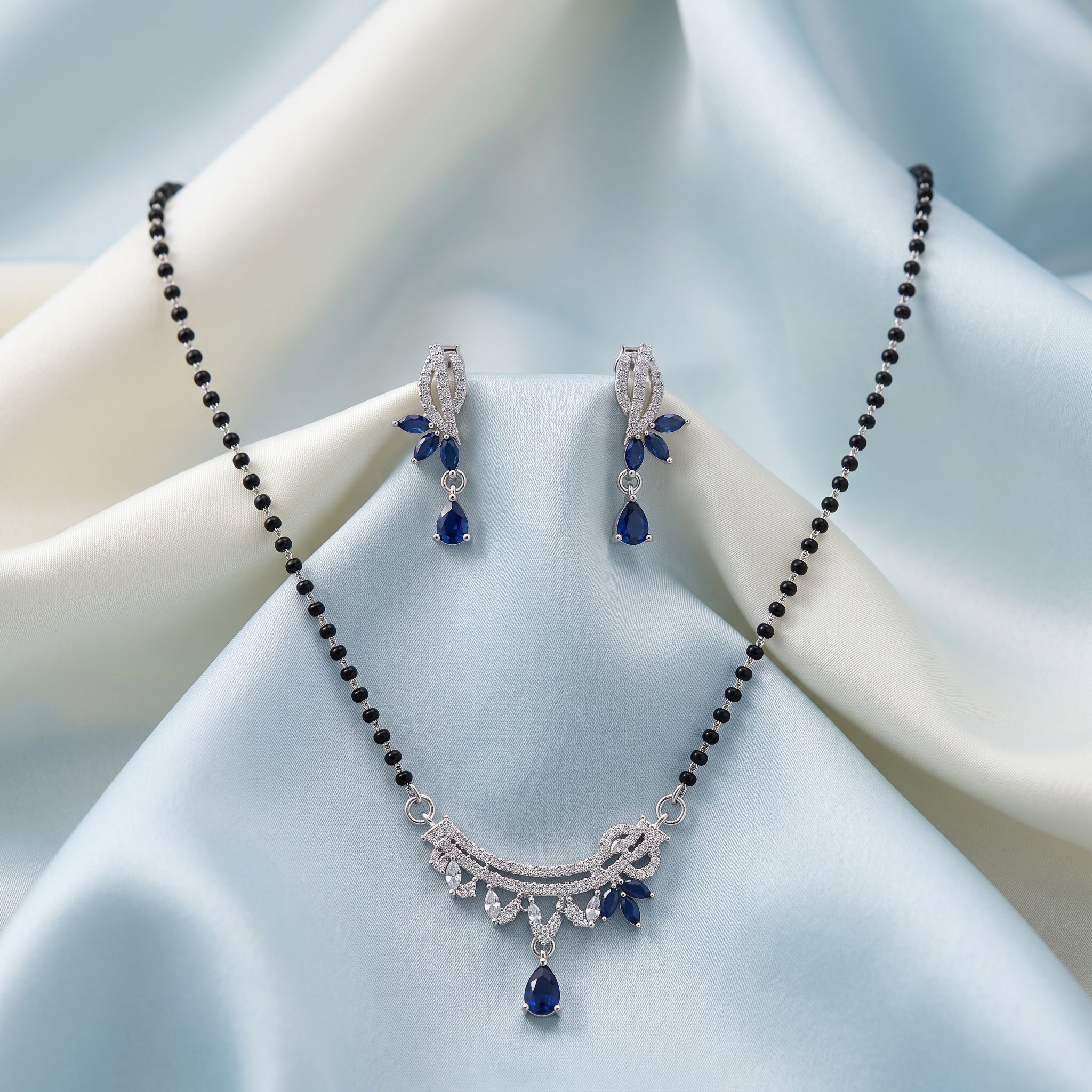 Silver Blue Stone Marquise Drop Mangalsutra Set