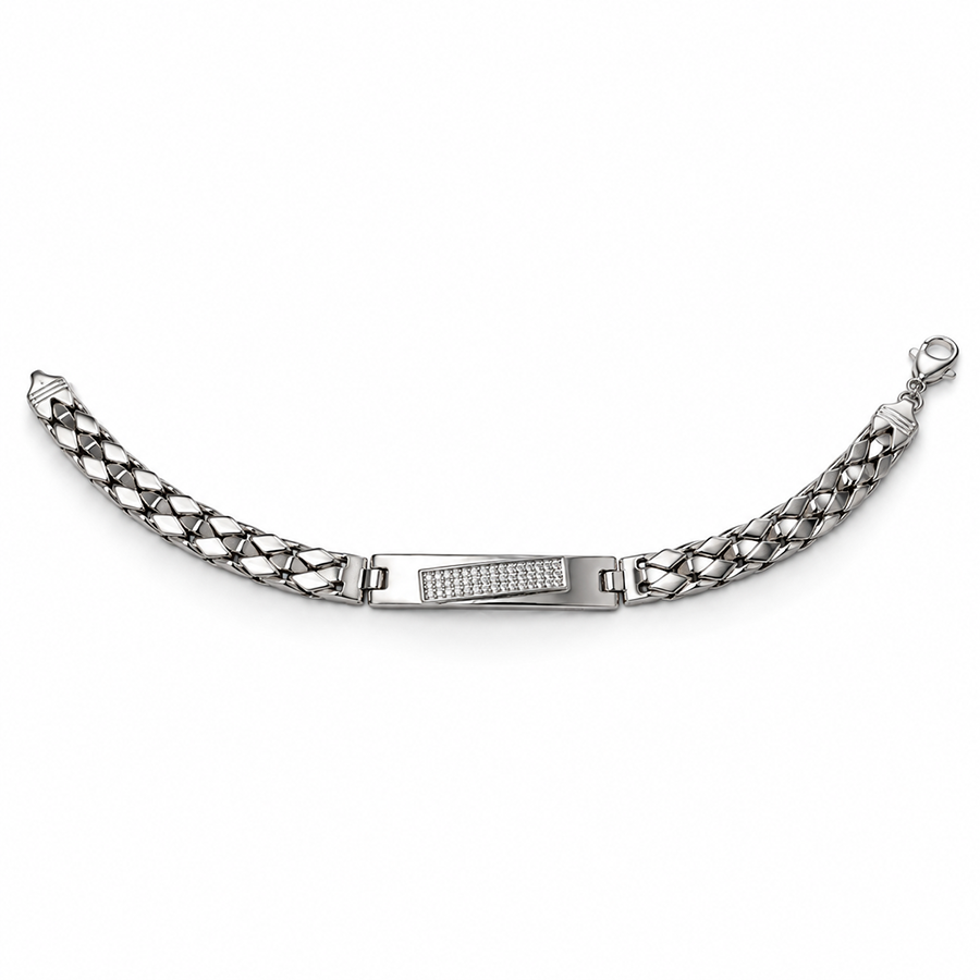 Silver Braided Slim Pave Bar Mens Bracelet
