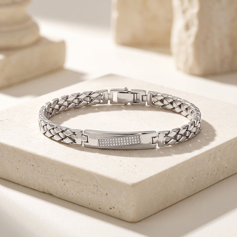 Silver Braided Slim Pave Bar Mens Bracelet