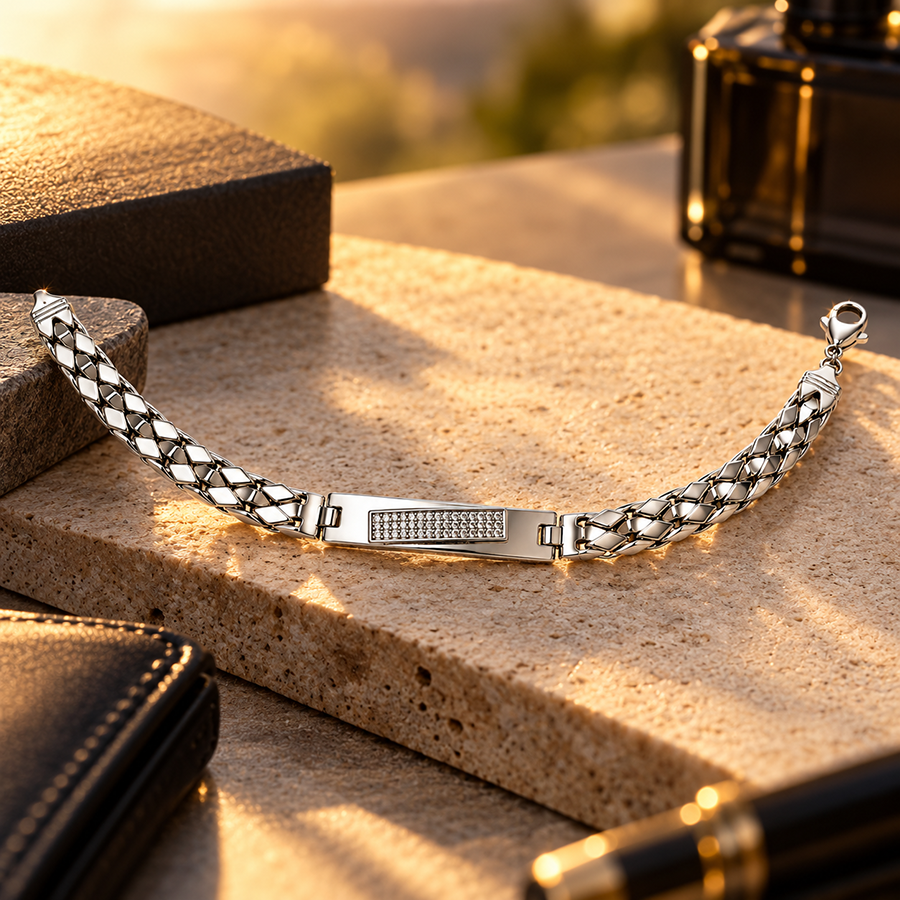 Silver Braided Slim Pave Bar Mens Bracelet