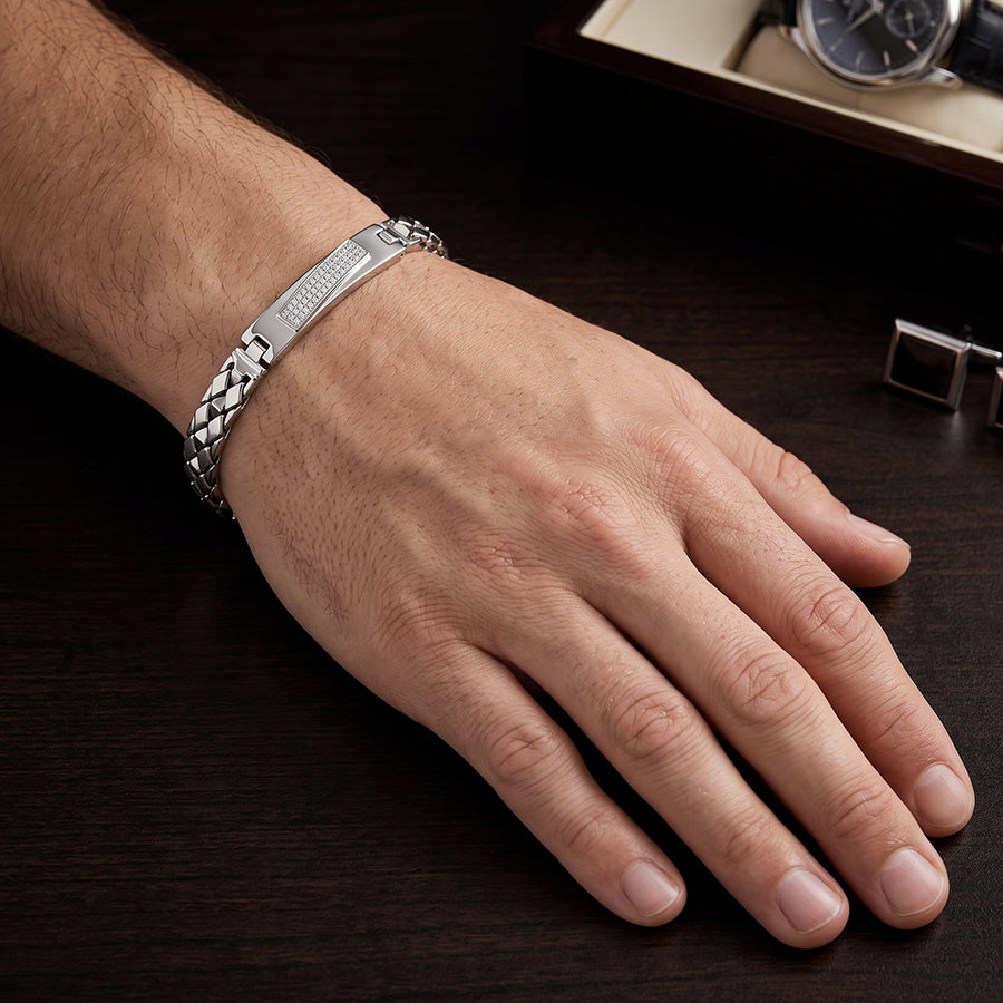 Silver Braided Slim Pave Bar Mens Bracelet