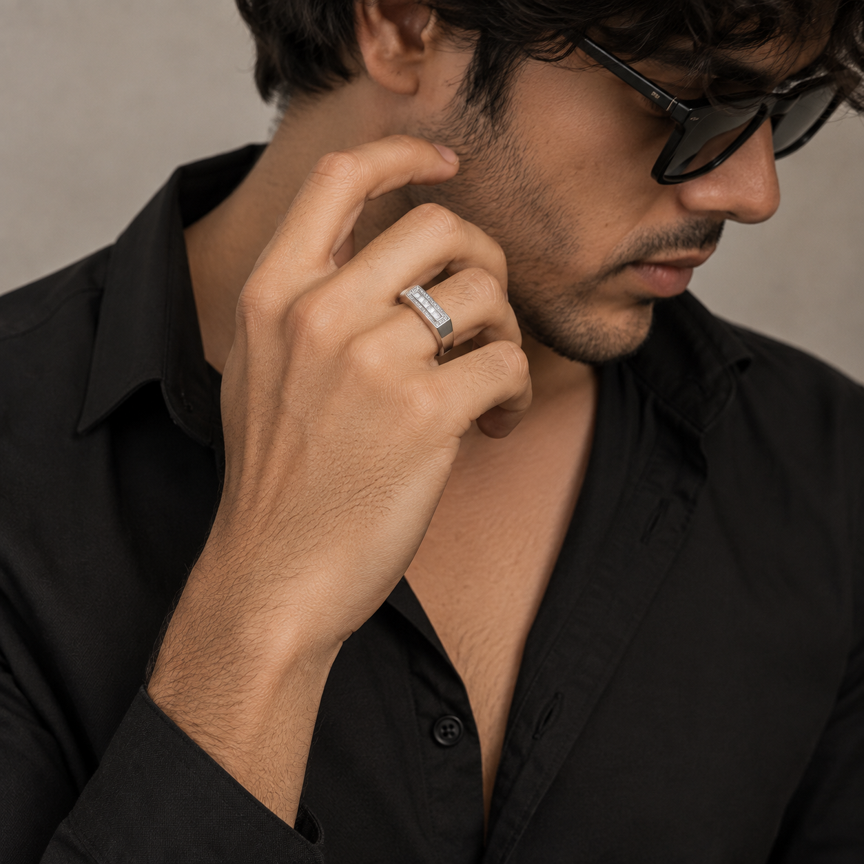 Horizontal channel CZ bar on a silver mens ring