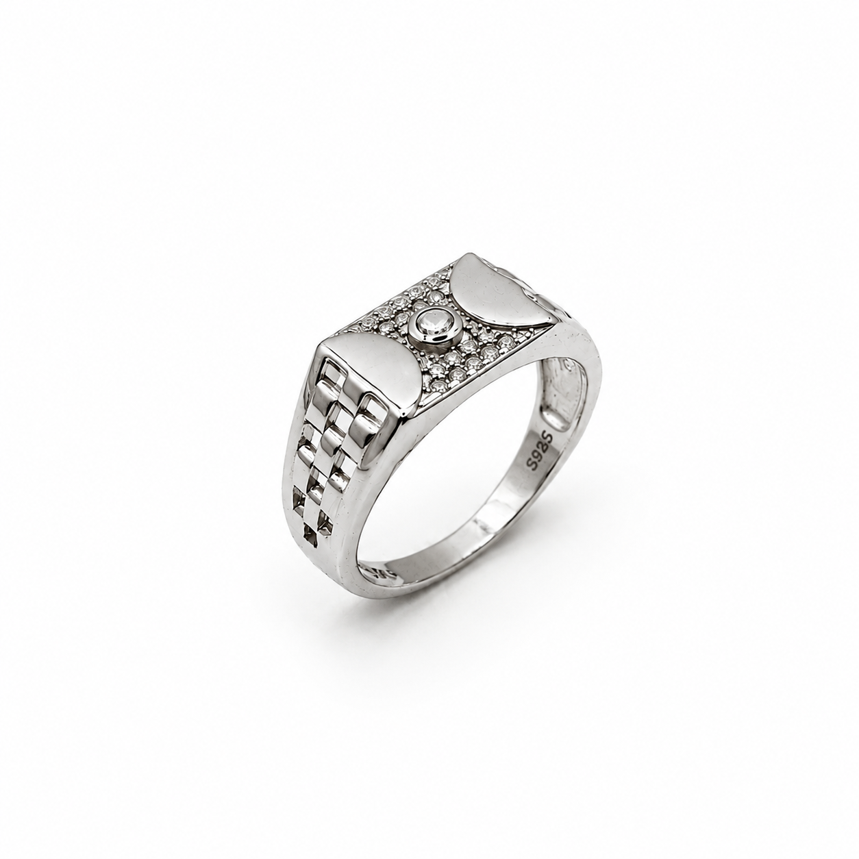 Silver mens band ring with a checkerboard pattern