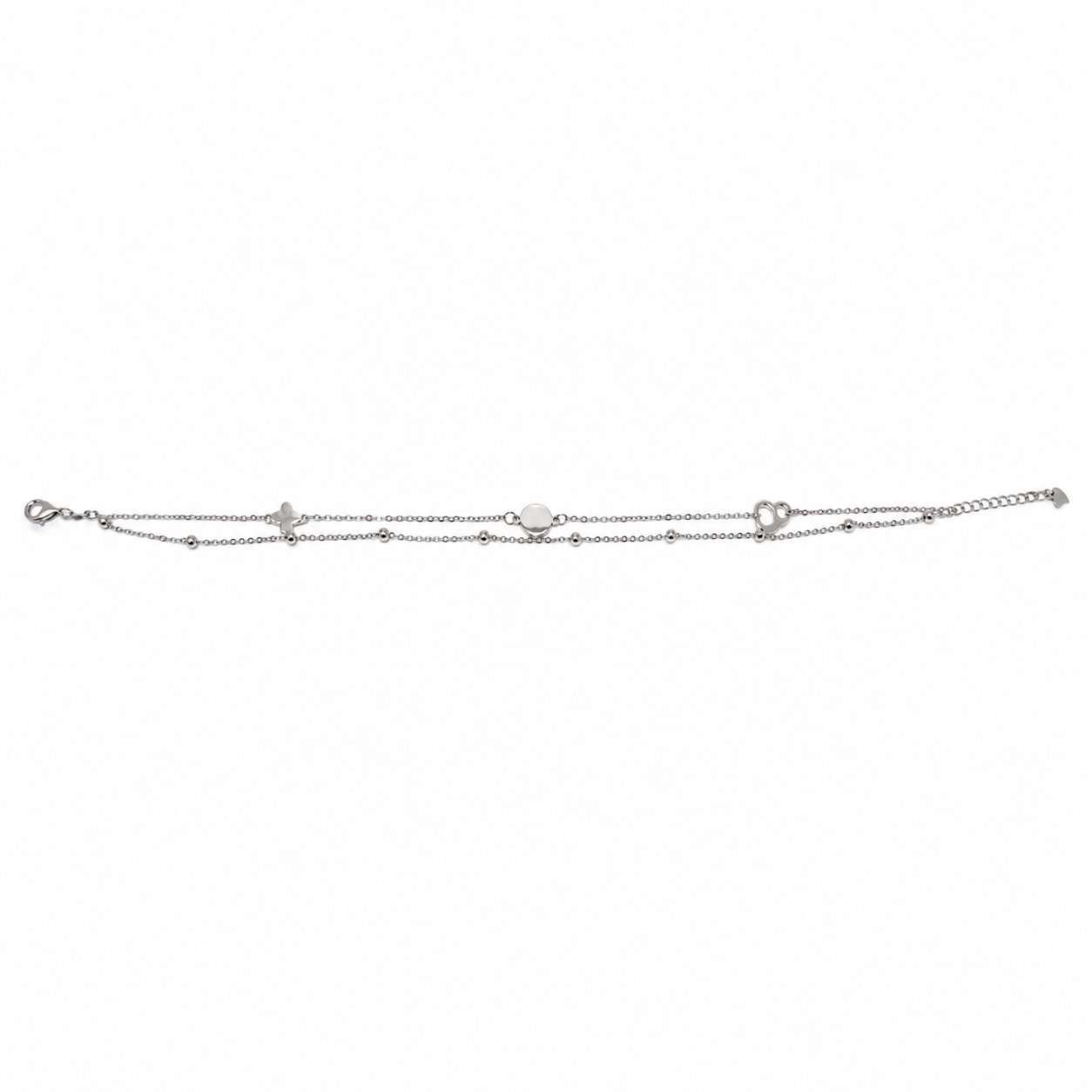 Silver station anklet with clover and heart motifs