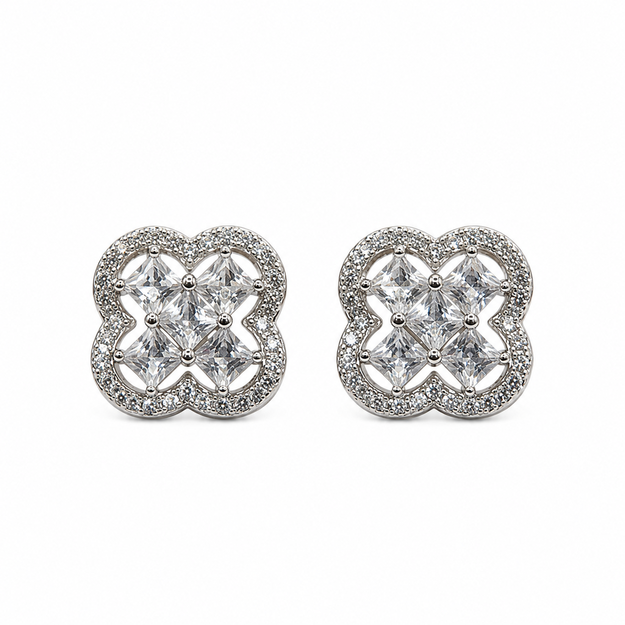 Silver Clover Stud Earrings (Princess Cut CZ) with four princess-cut CZ stones arranged inside a pave clover frame