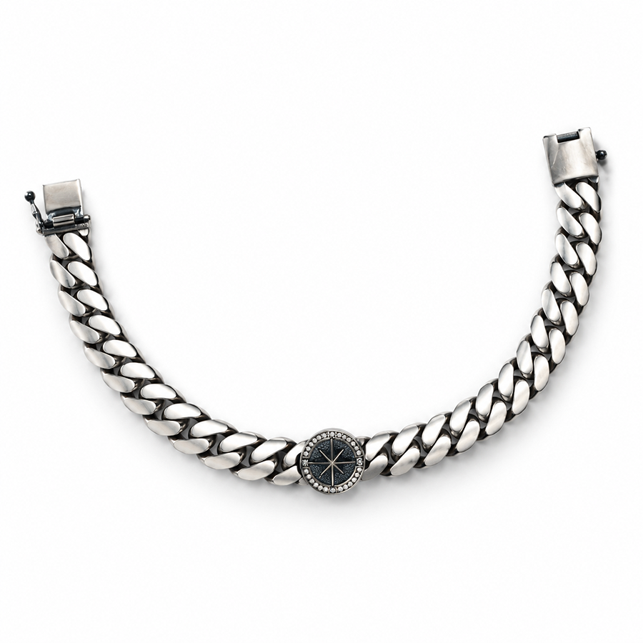 Silver Compass Medallion Curb Mens Bracelet
