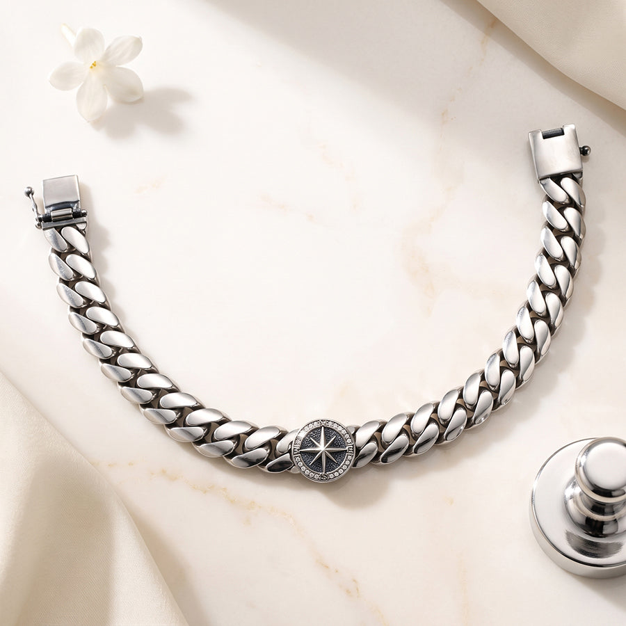 Silver Compass Medallion Curb Mens Bracelet