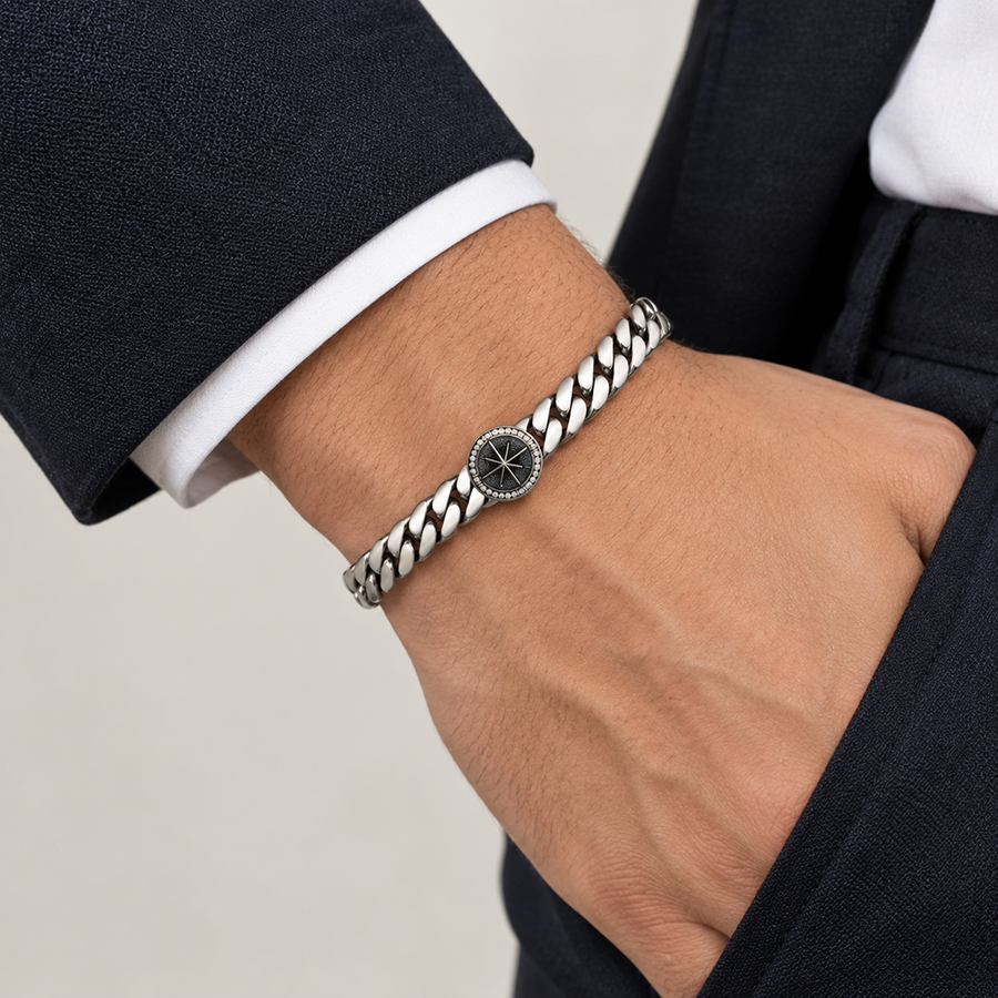Silver Compass Medallion Curb Mens Bracelet