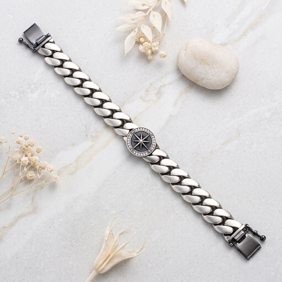 Silver Compass Medallion Curb Mens Bracelet