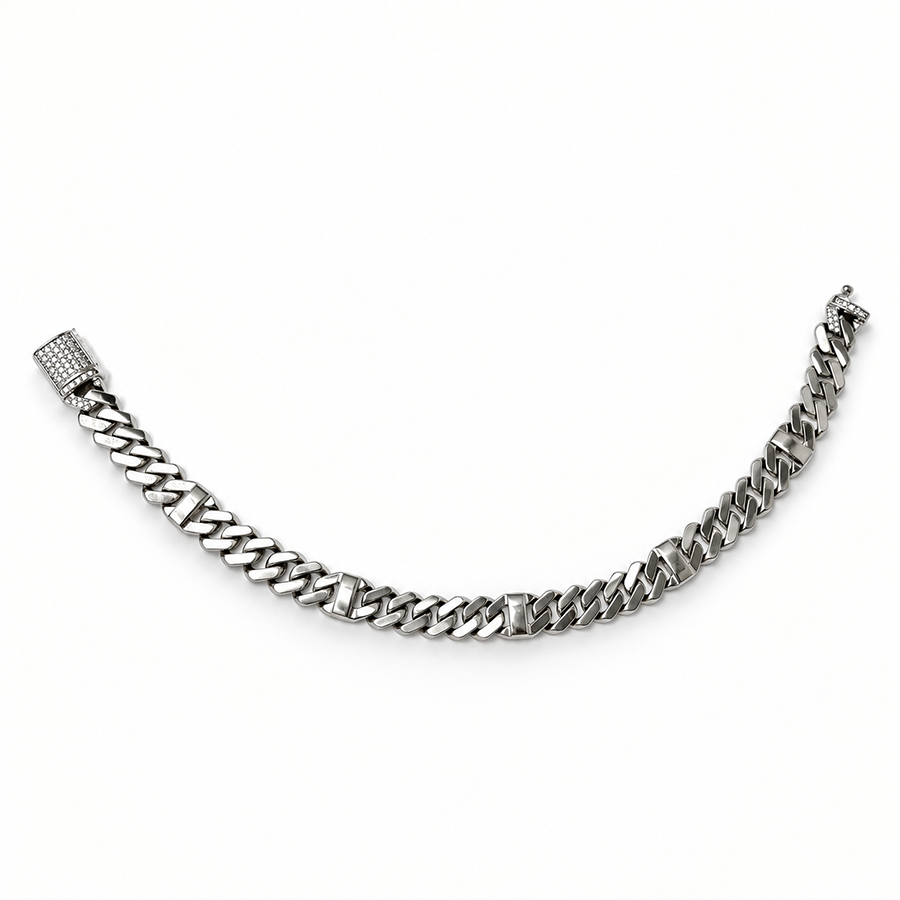 Silver Curb Chain Station Mens Bracelet