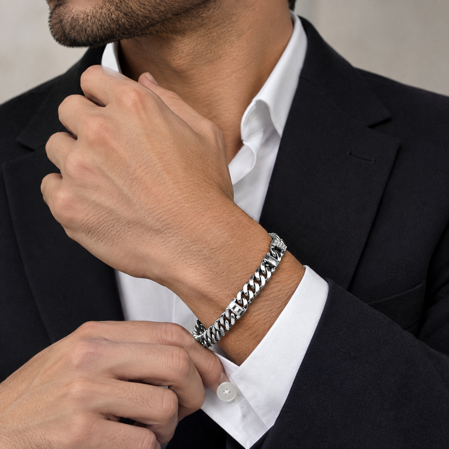 Silver Curb Chain Station Mens Bracelet