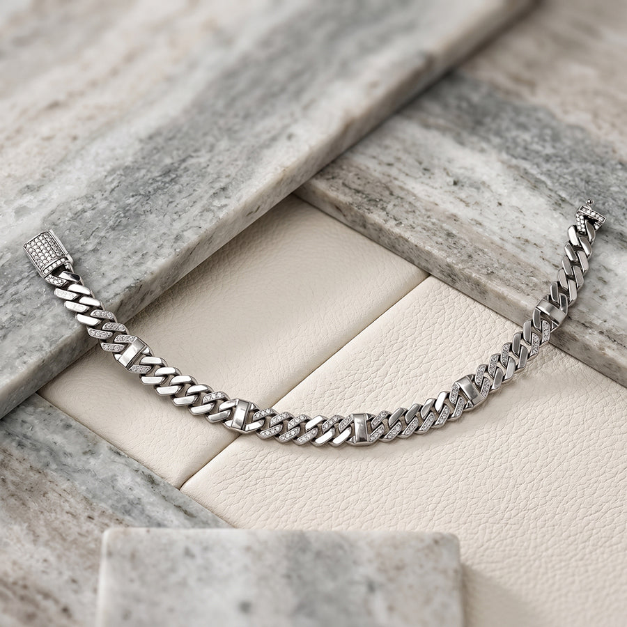 Silver Curb Chain Station Mens Bracelet