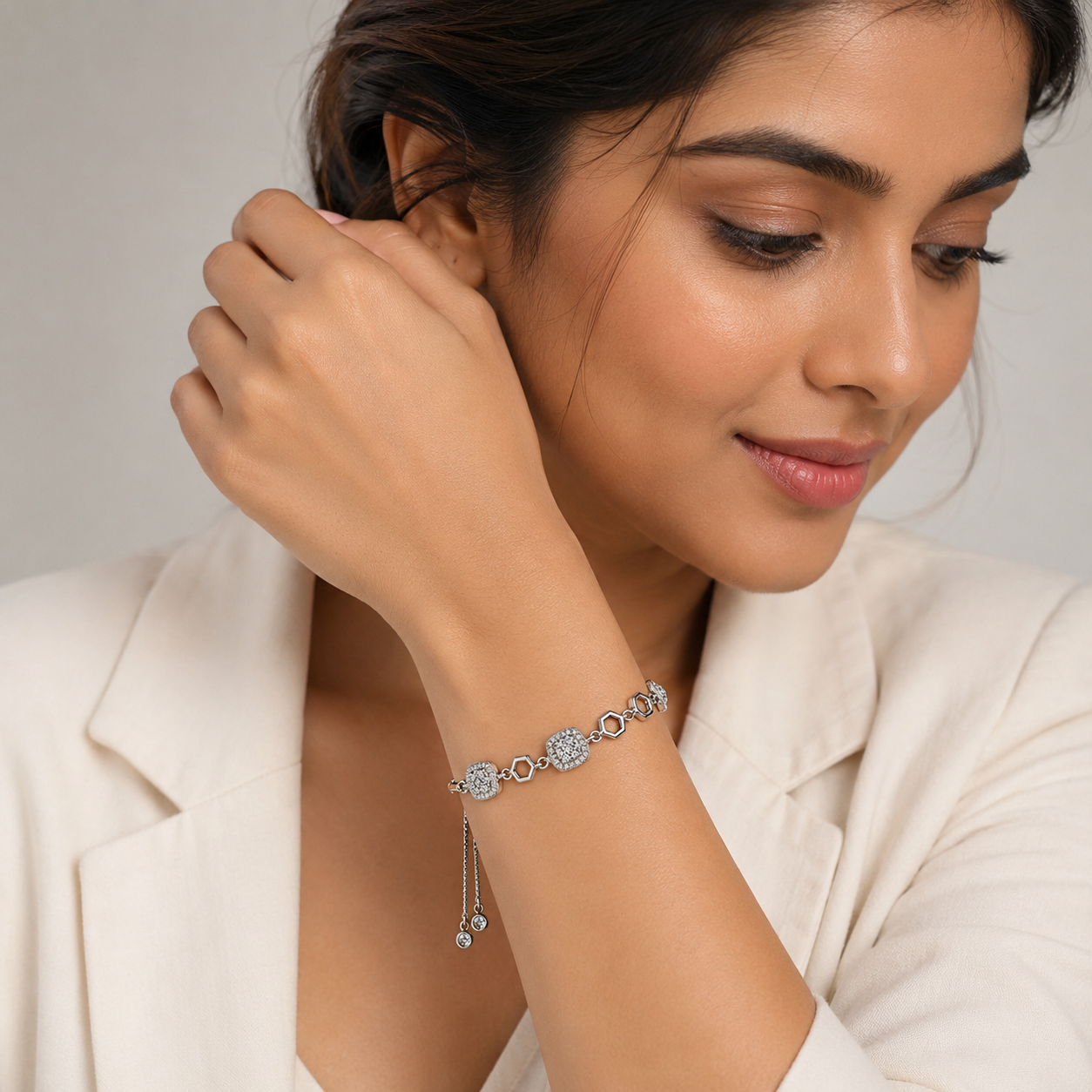 Silver Cushion Pave Hexagon Slider Bracelet