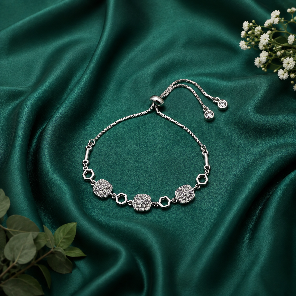 Silver Cushion Pave Hexagon Slider Bracelet