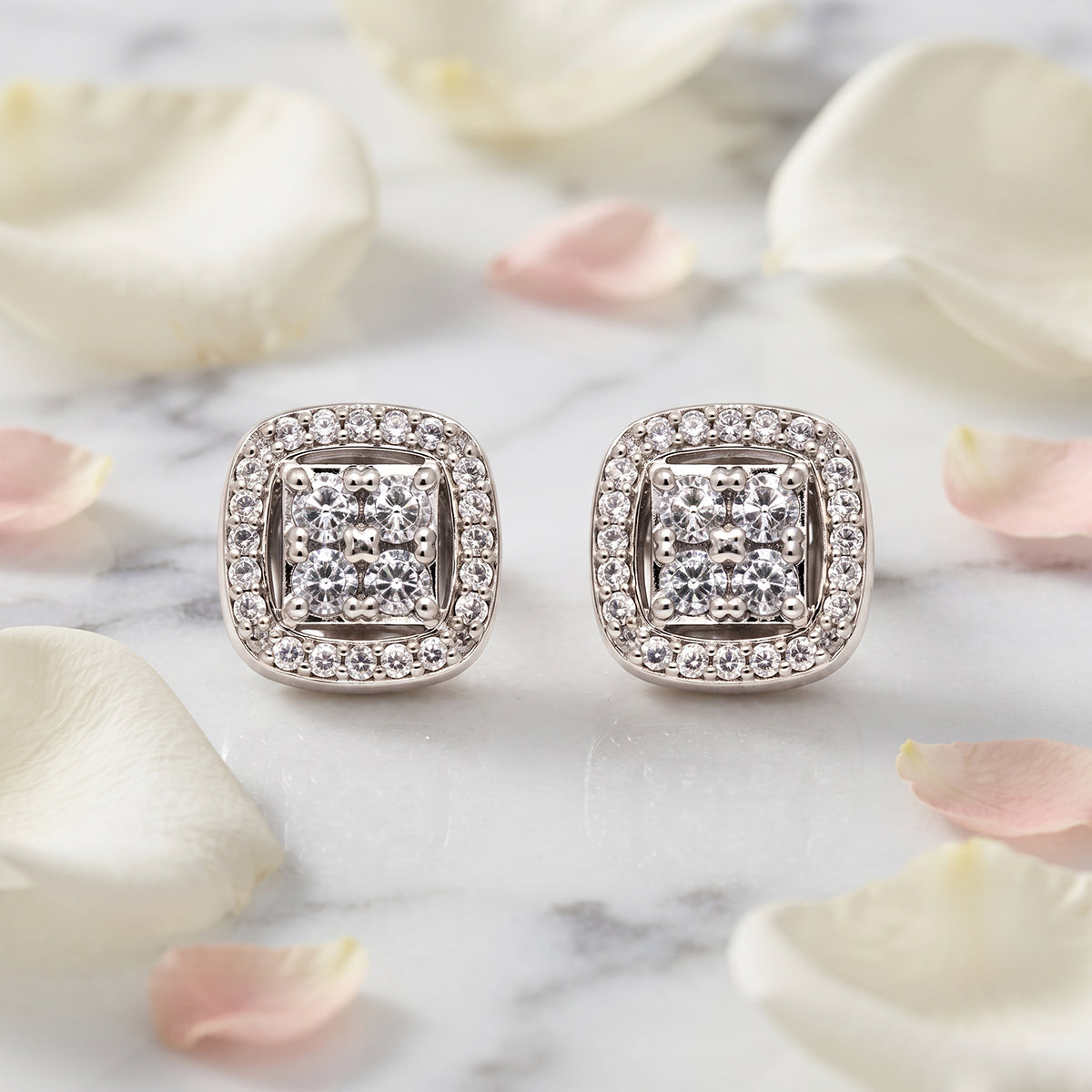 Silver Cushion Pave Square Halo Stud Earrings