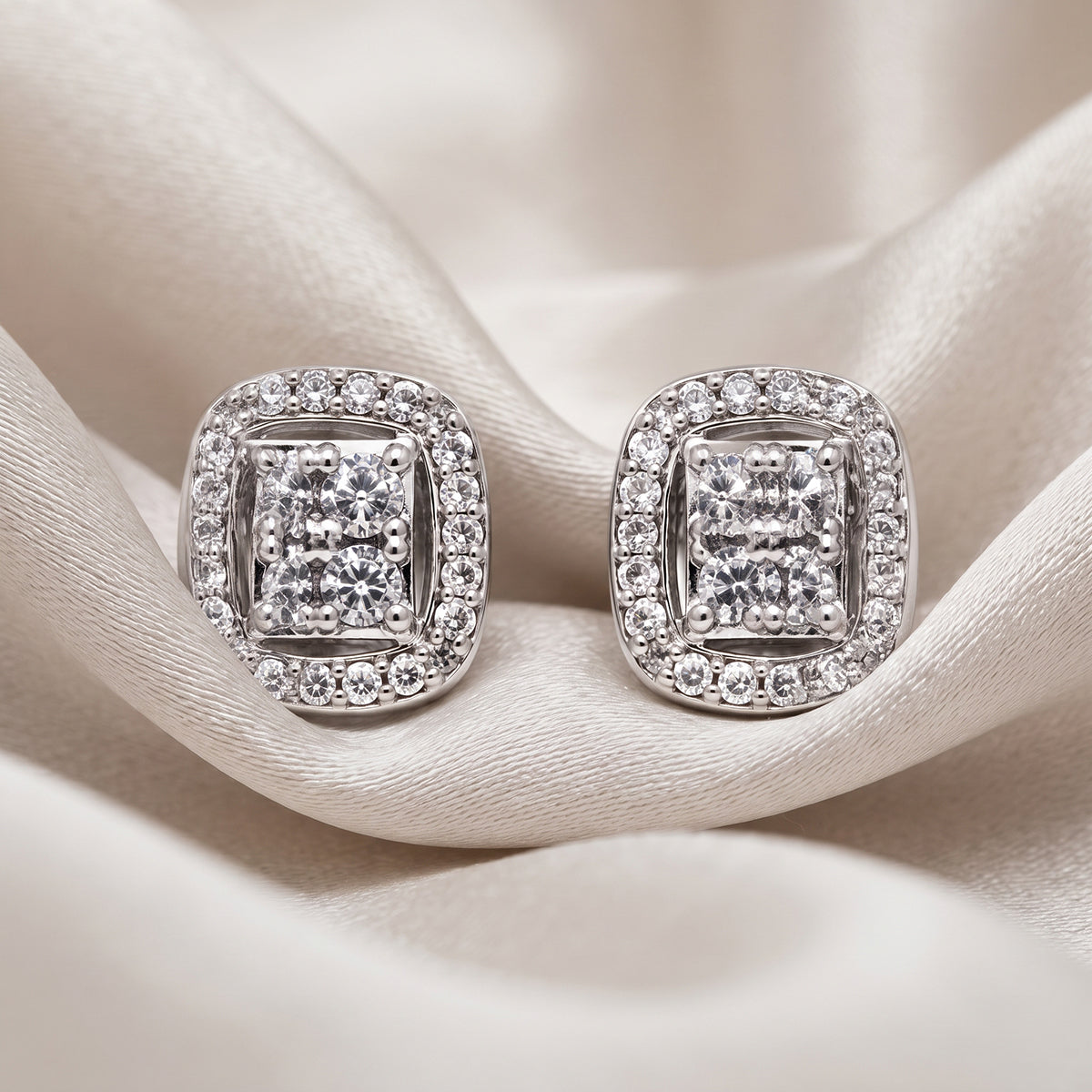 Silver Cushion Pave Square Halo Stud Earrings