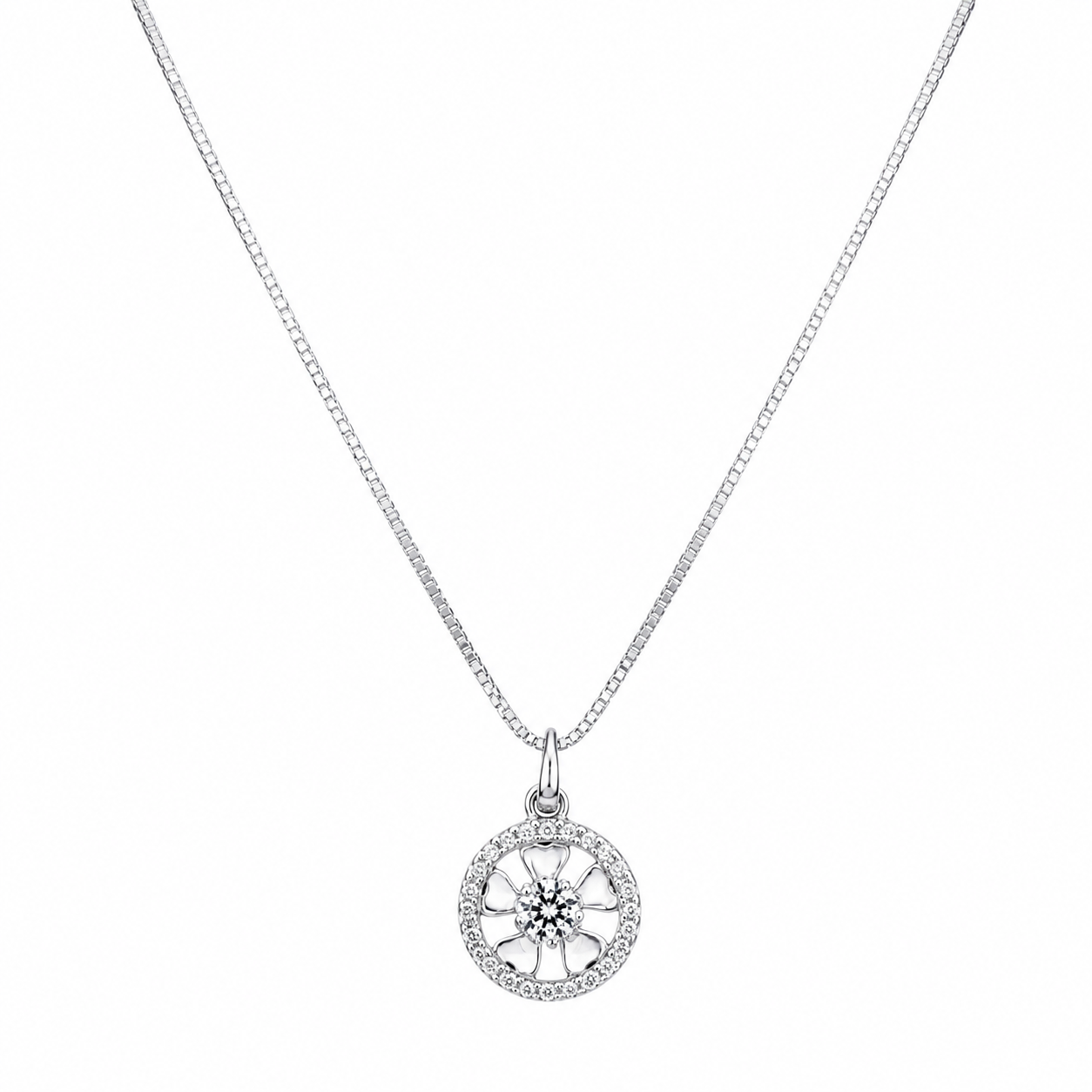 Silver CZ Flower Halo Pendant Necklace