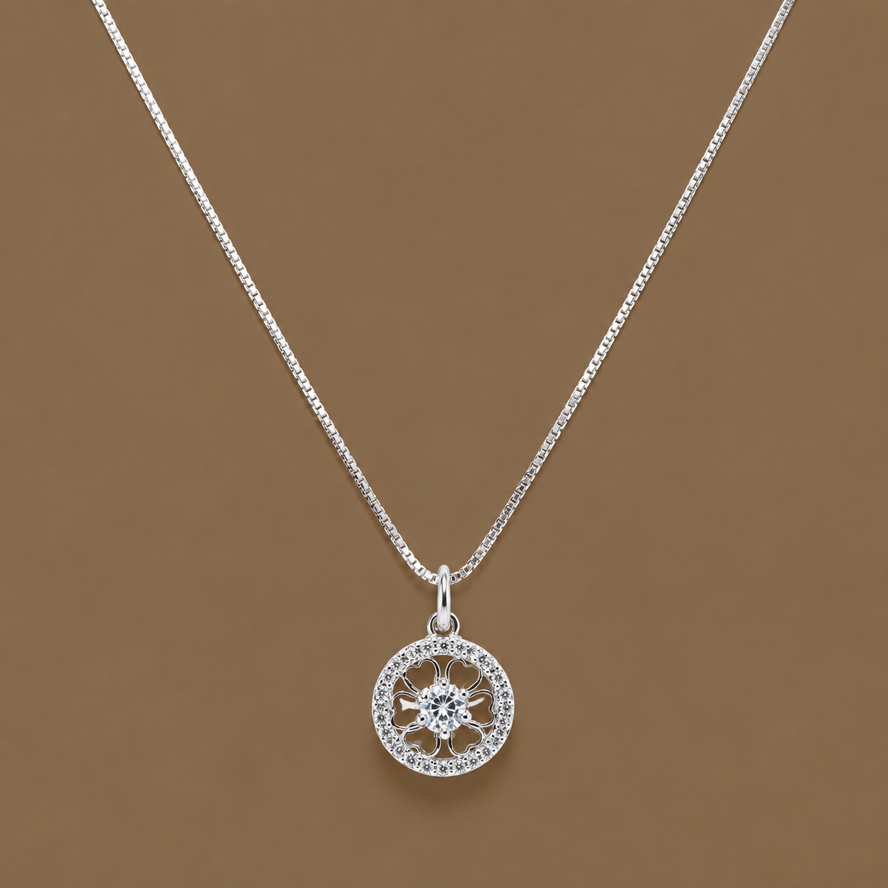Silver CZ Flower Halo Pendant Necklace