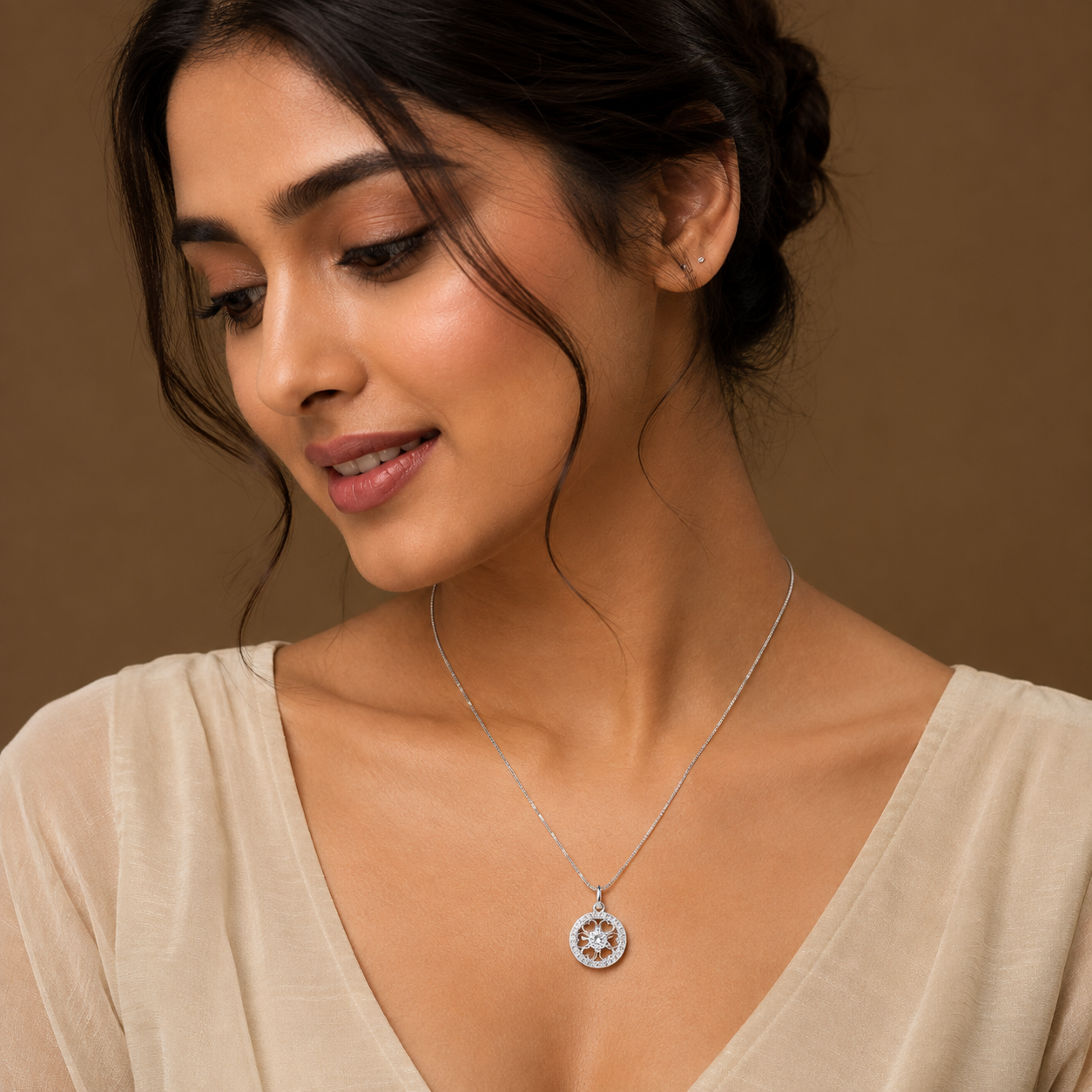 Silver CZ Flower Halo Pendant Necklace