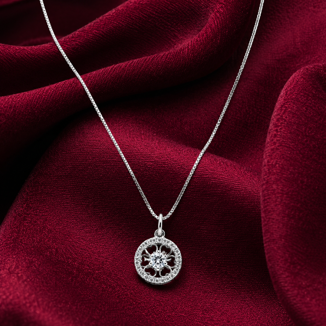 Silver CZ Flower Halo Pendant Necklace