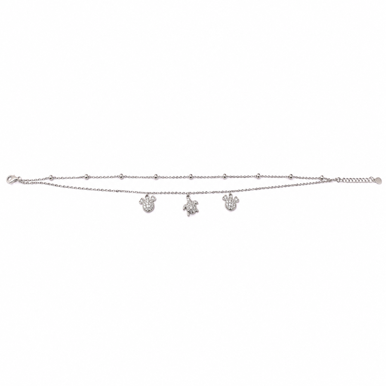 Silver layered anklet with pave mouse and turtle charms