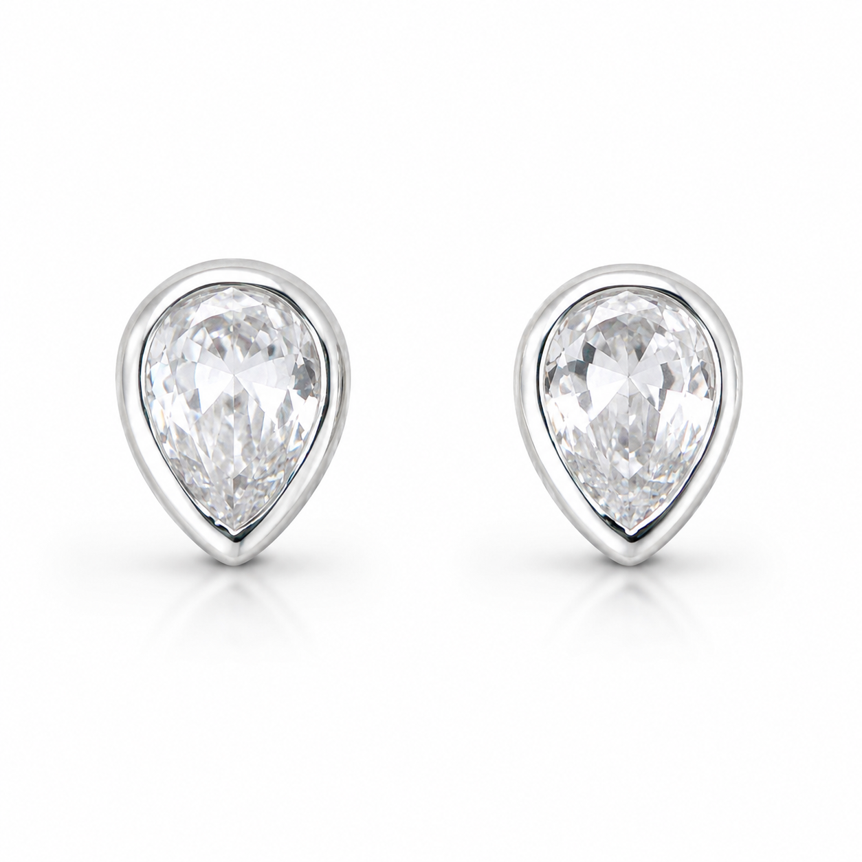 Silver Dainty Pear Cut Solitaire CZ Stud Earrings with clear pear-cut CZ stones in smooth silver bezel-style settings