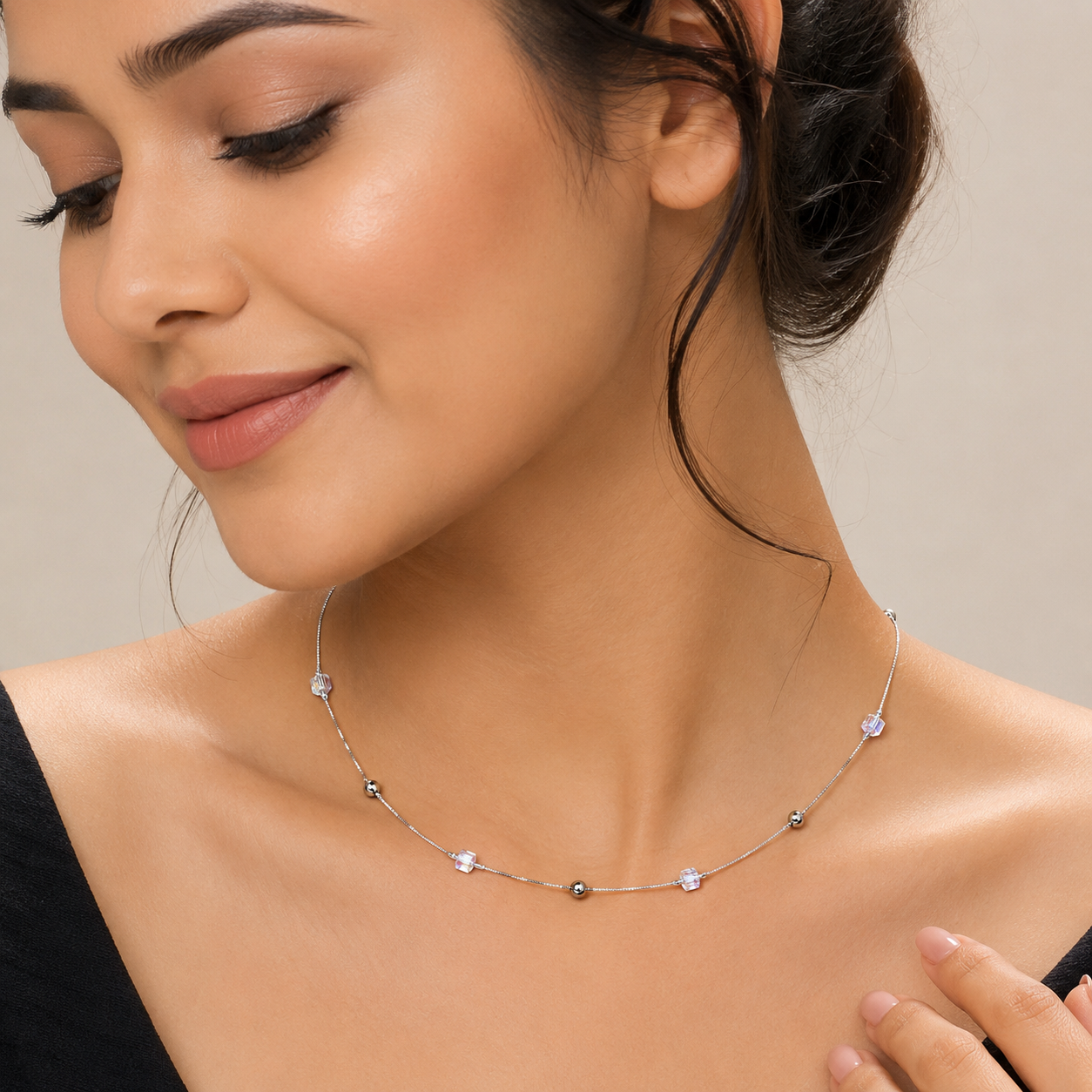 Silver Dainty Square Station Chain Necklace