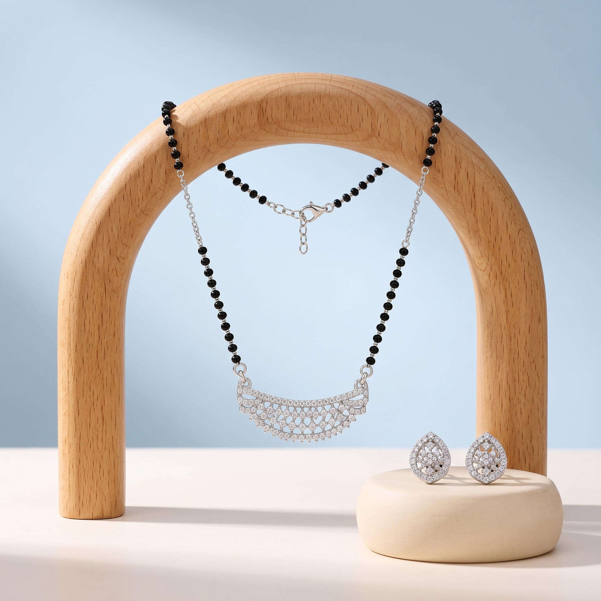 Silver Dense Pave Crescent Mangalsutra Set