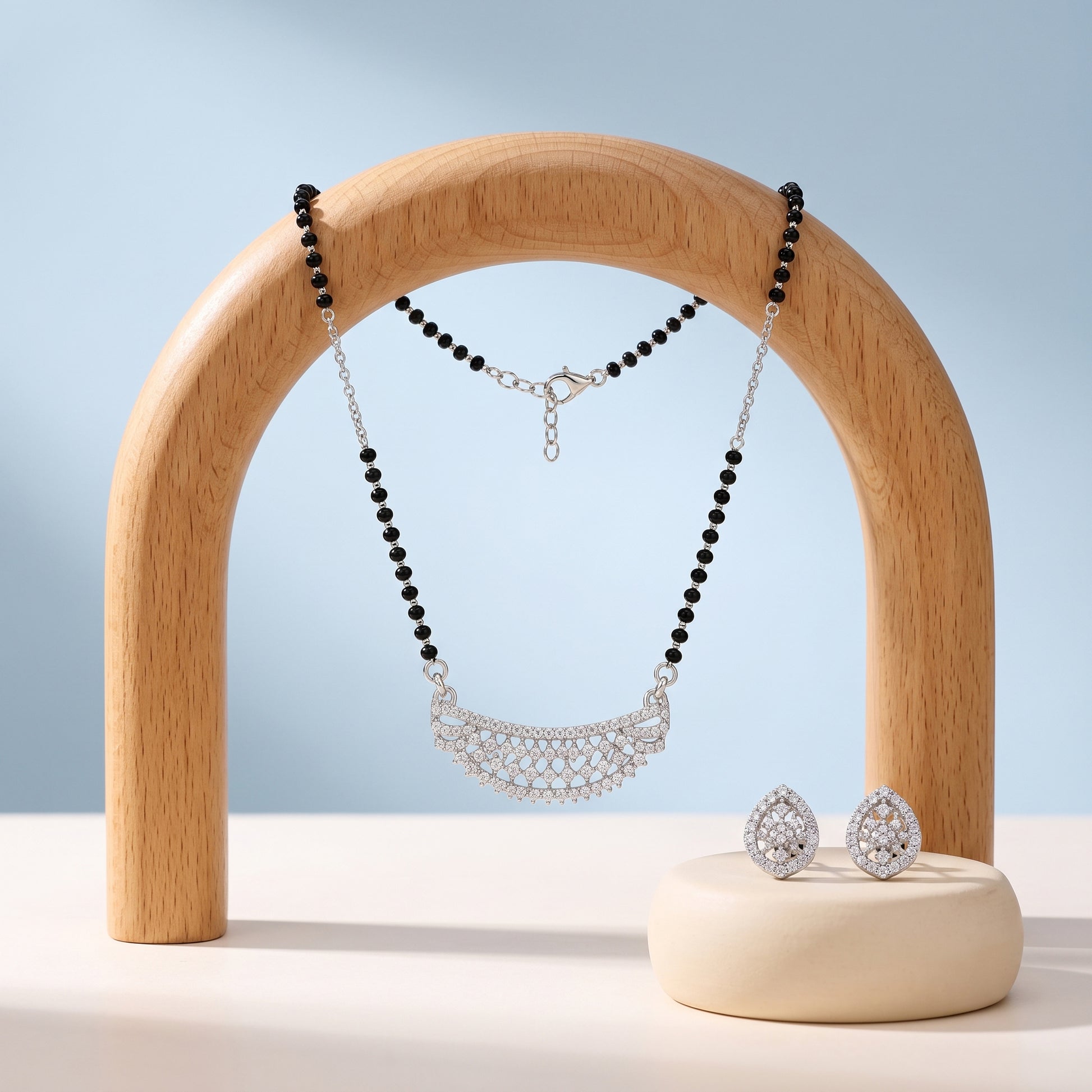 Silver Dense Pave Crescent Mangalsutra Set