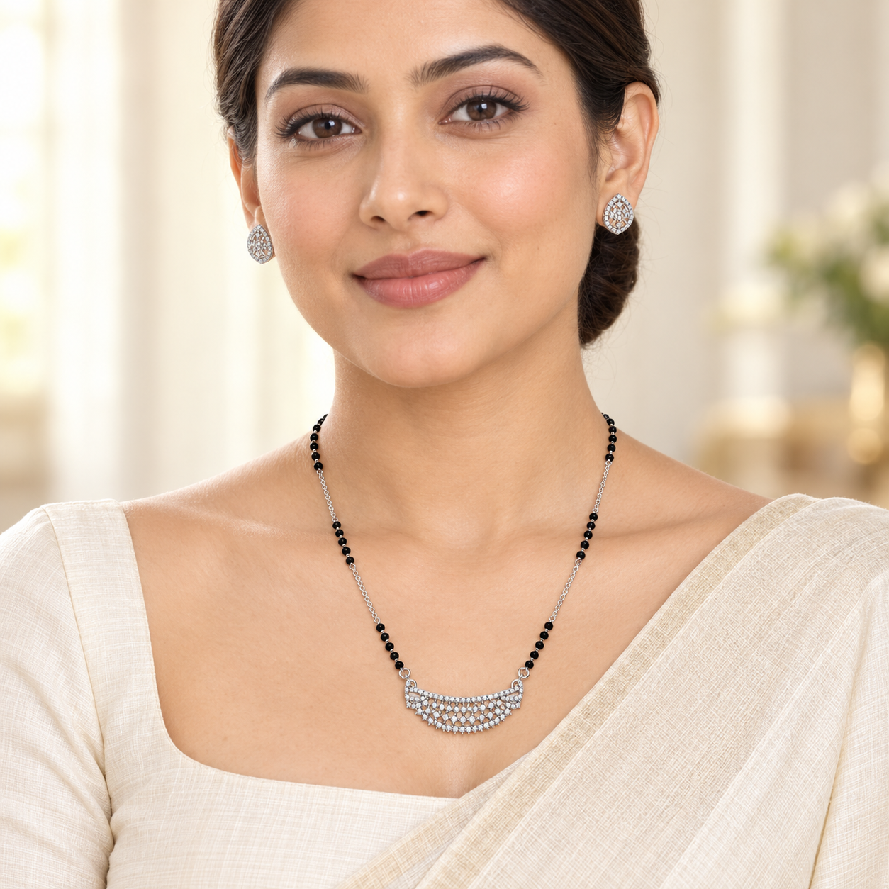 Silver Dense Pave Crescent Mangalsutra Set