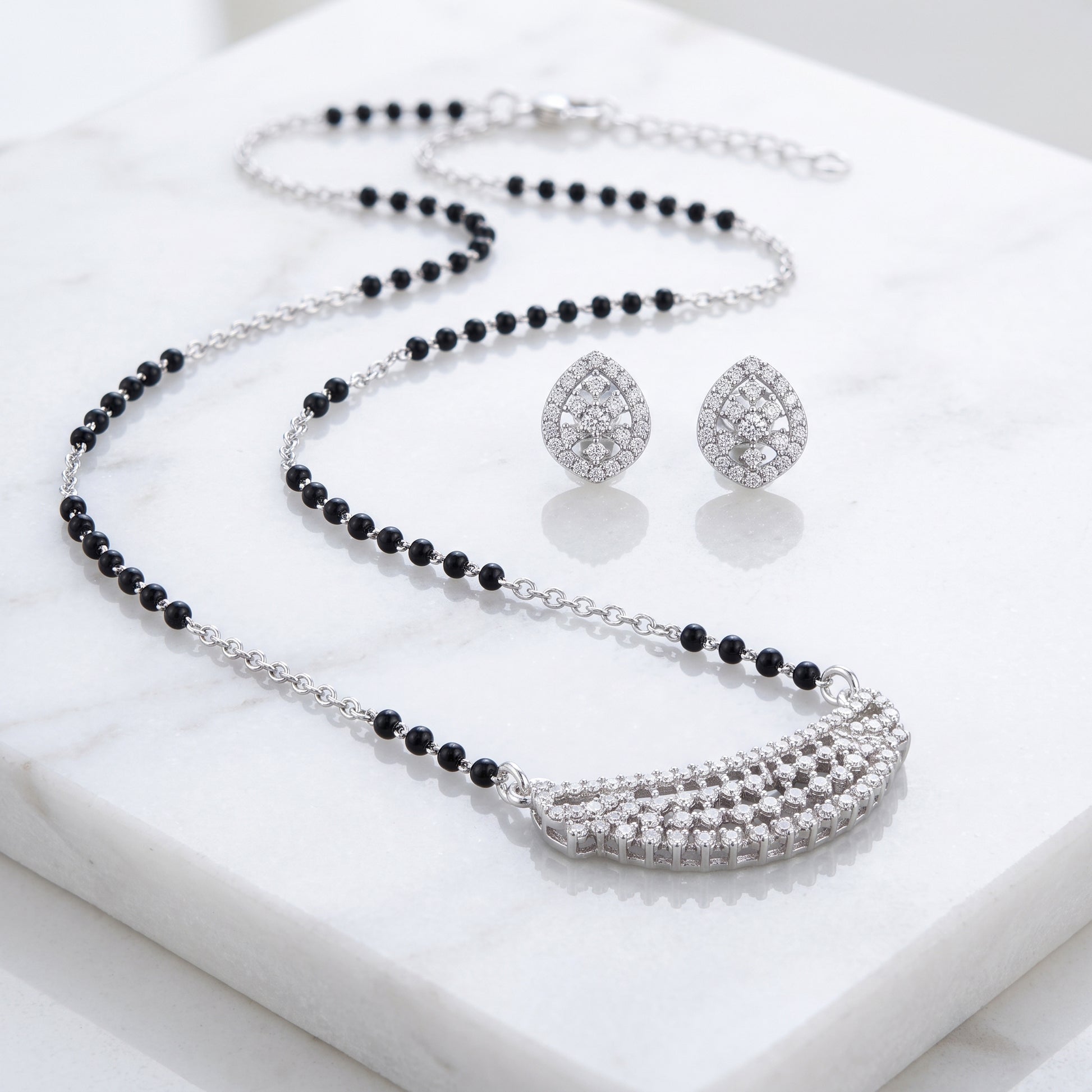 Silver Dense Pave Crescent Mangalsutra Set