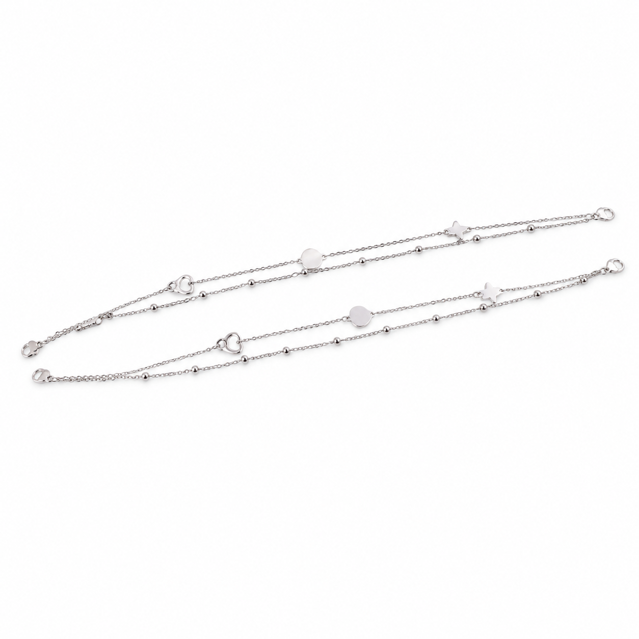 Silver layered anklet with disc and heart stations