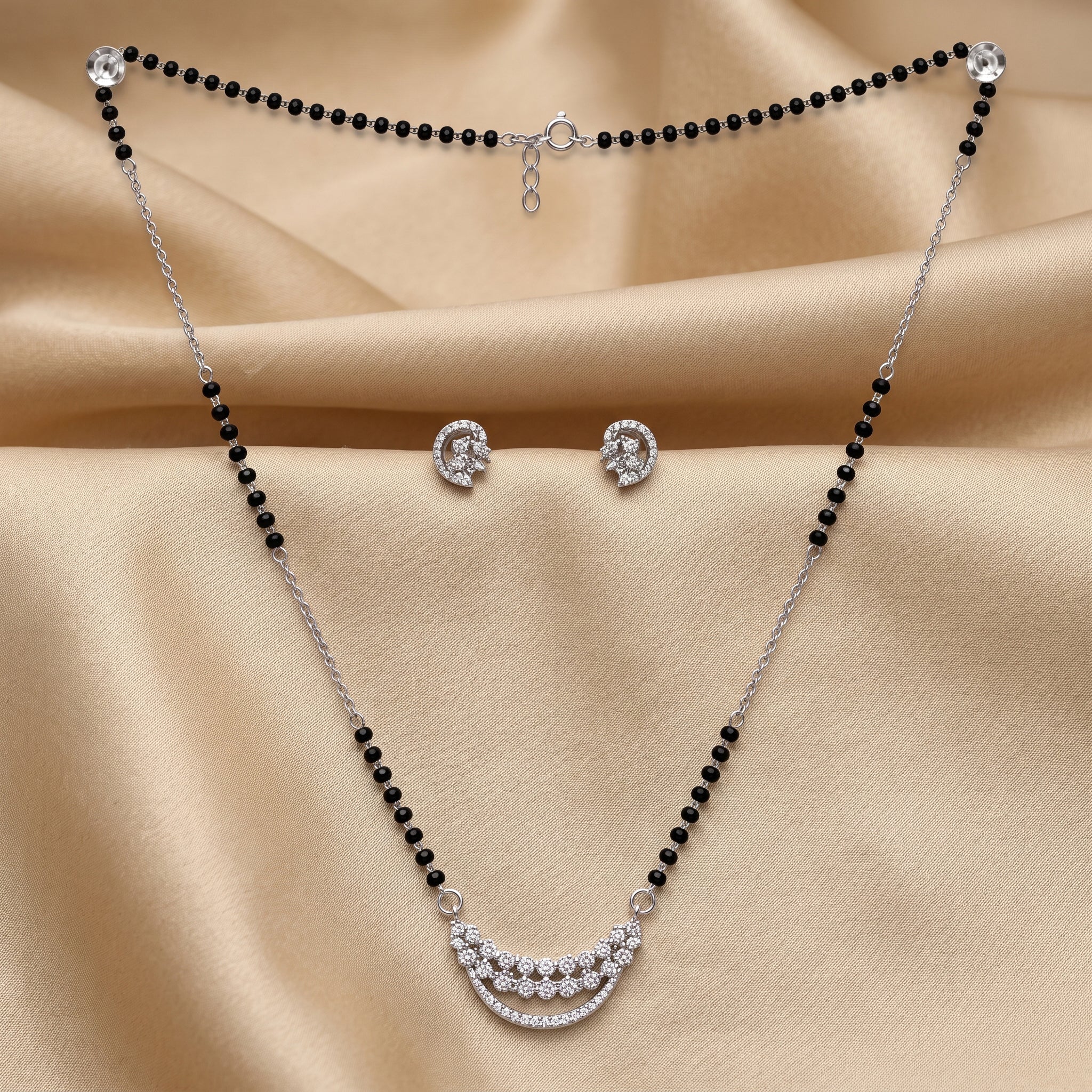 Silver Double Row Crescent Mangalsutra Set