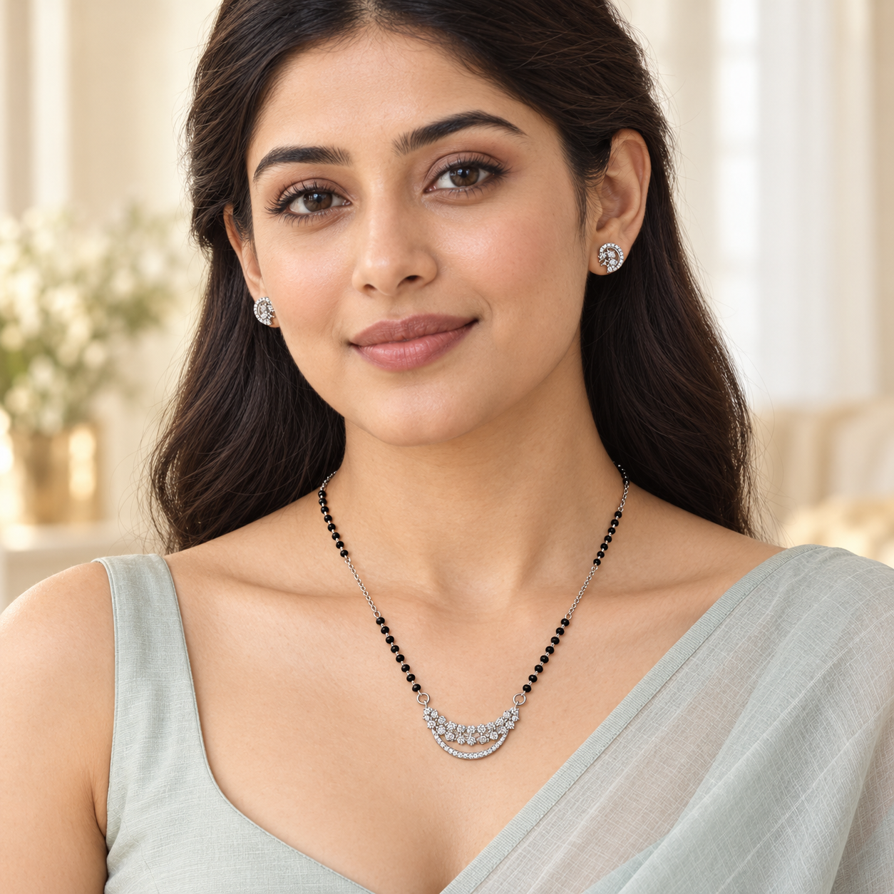 Silver Double Row Crescent Mangalsutra Set