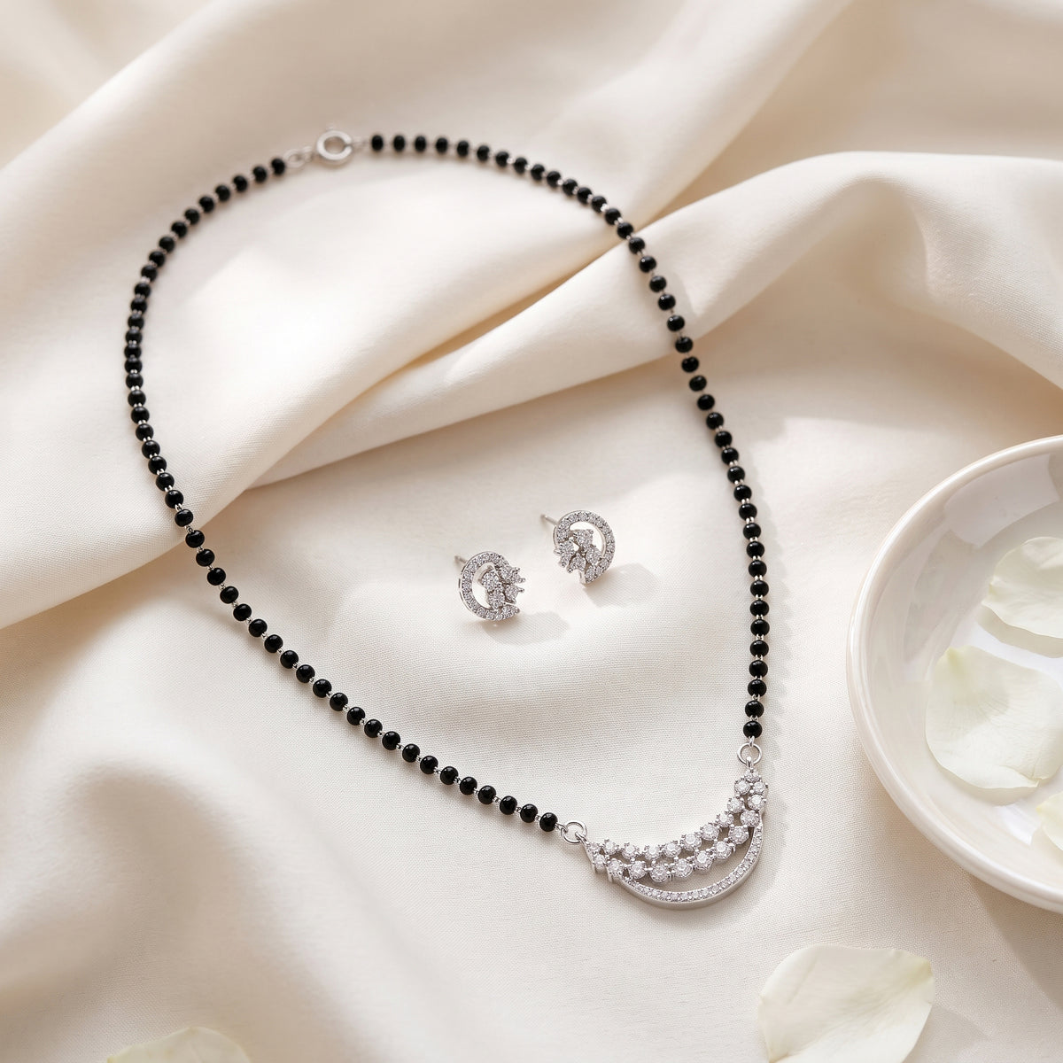 Silver Double Row Crescent Mangalsutra Set