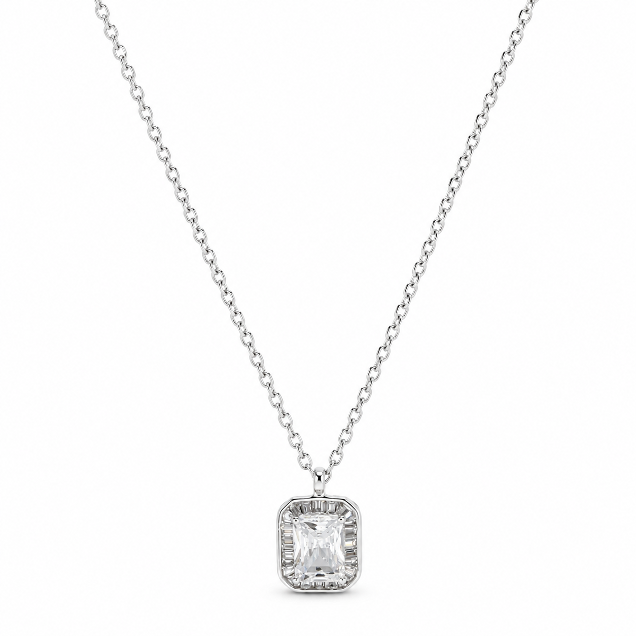 Silver Emerald Cut Baguette Halo Necklace