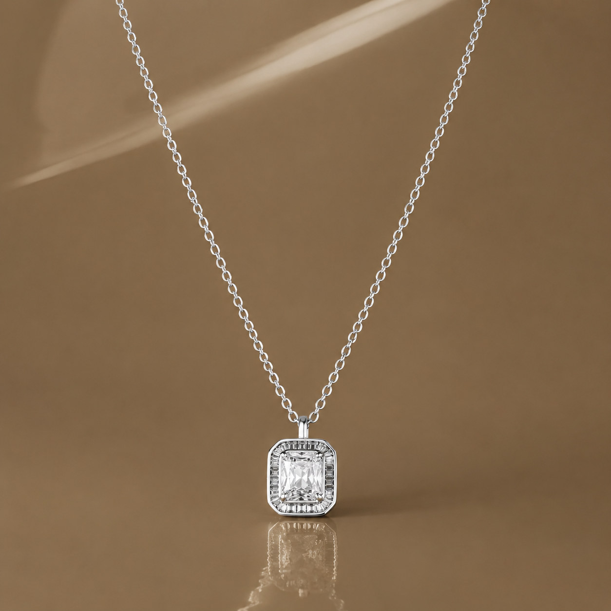 Silver Emerald Cut Baguette Halo Necklace