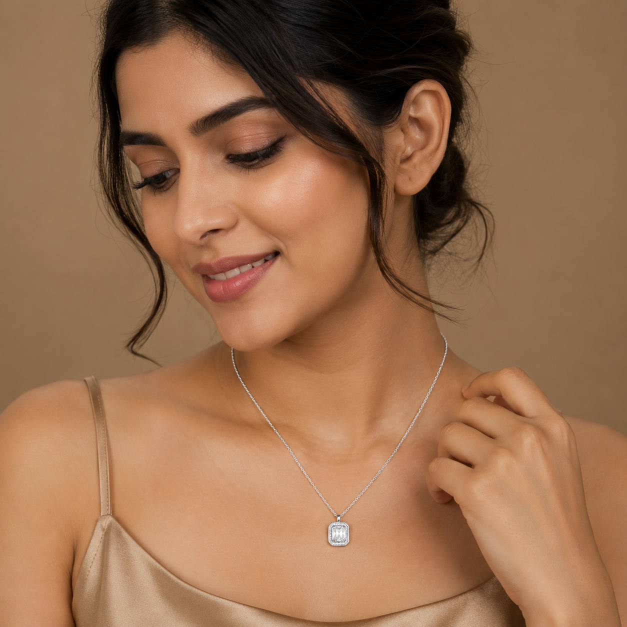 Silver Emerald Cut Baguette Halo Necklace