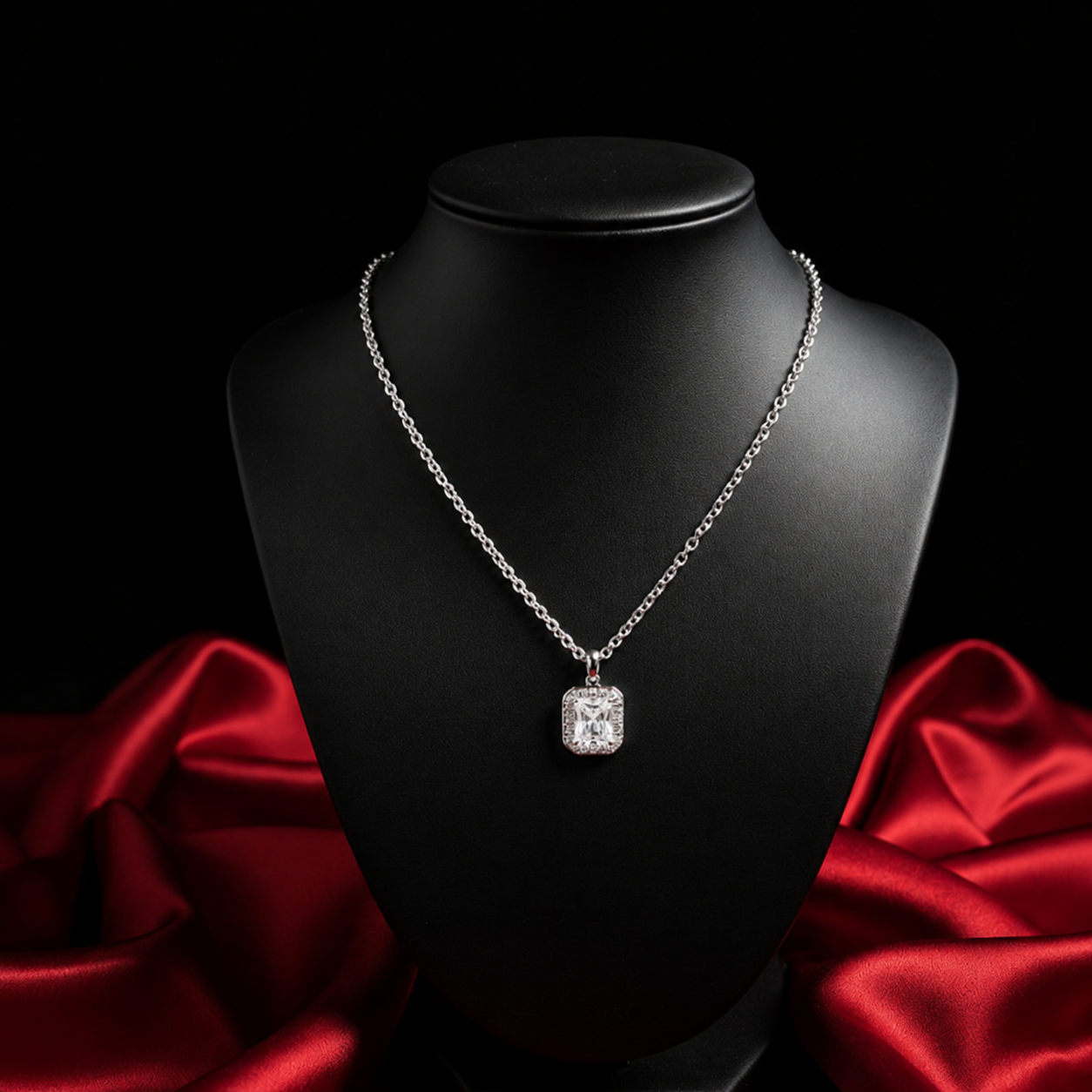 Silver Emerald Cut Baguette Halo Necklace