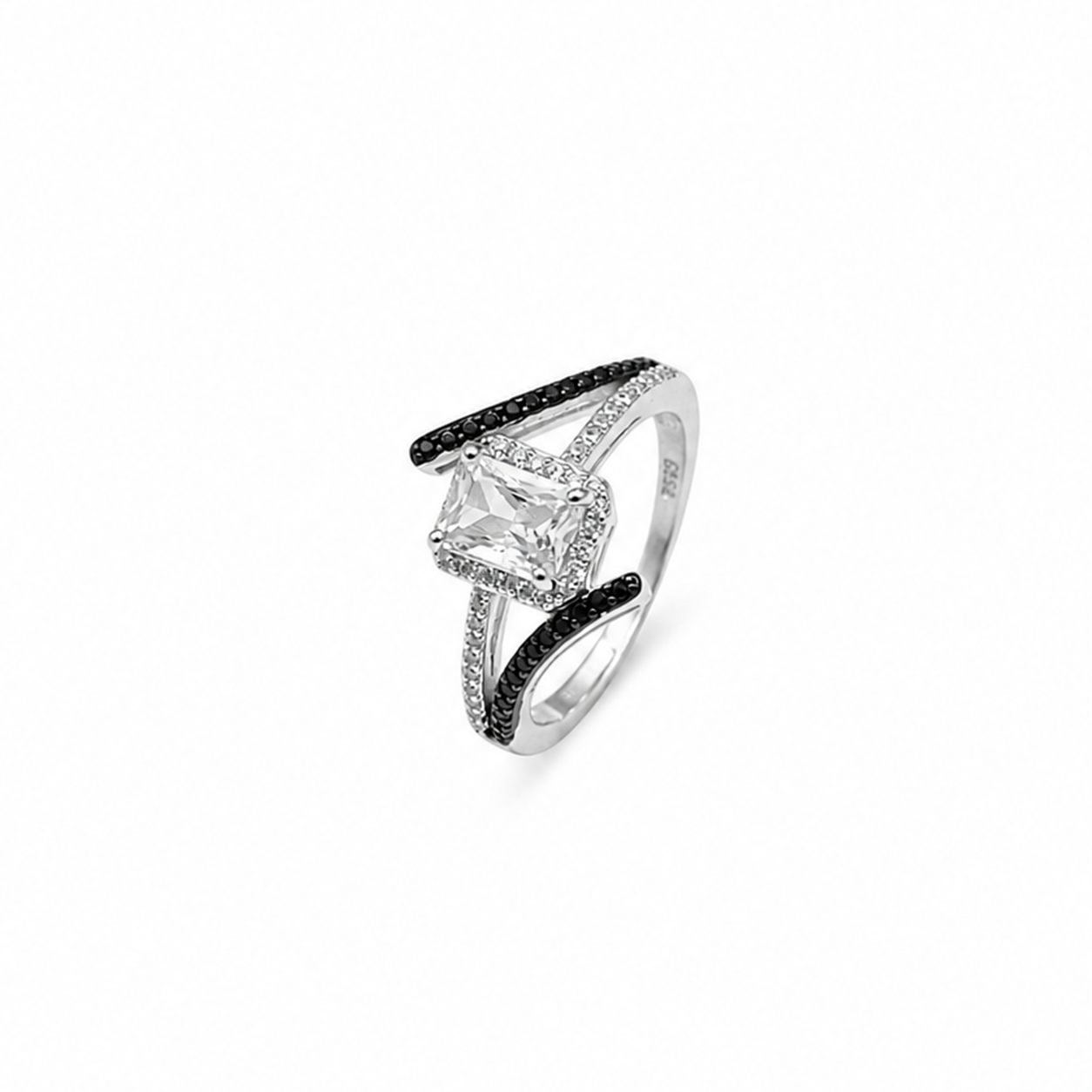 Silver Emerald Cut Black Chevron Ring