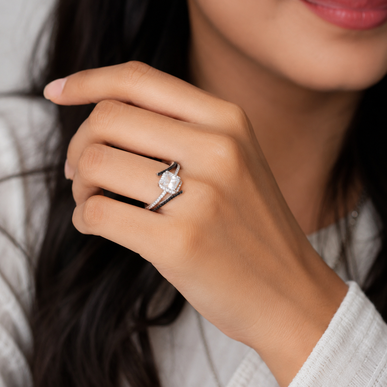 Silver Emerald Cut Black Chevron Ring