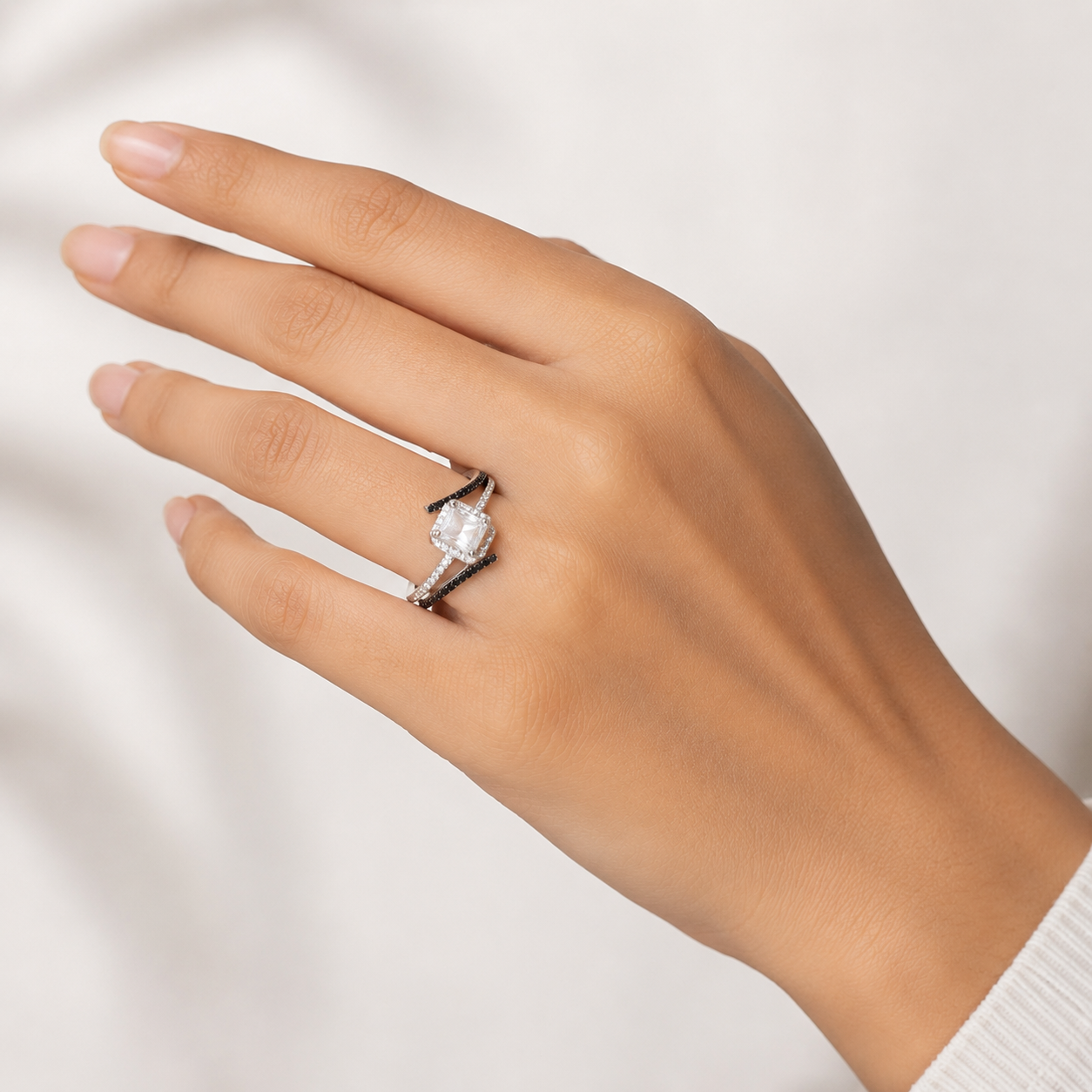 Silver Emerald Cut Black Chevron Ring
