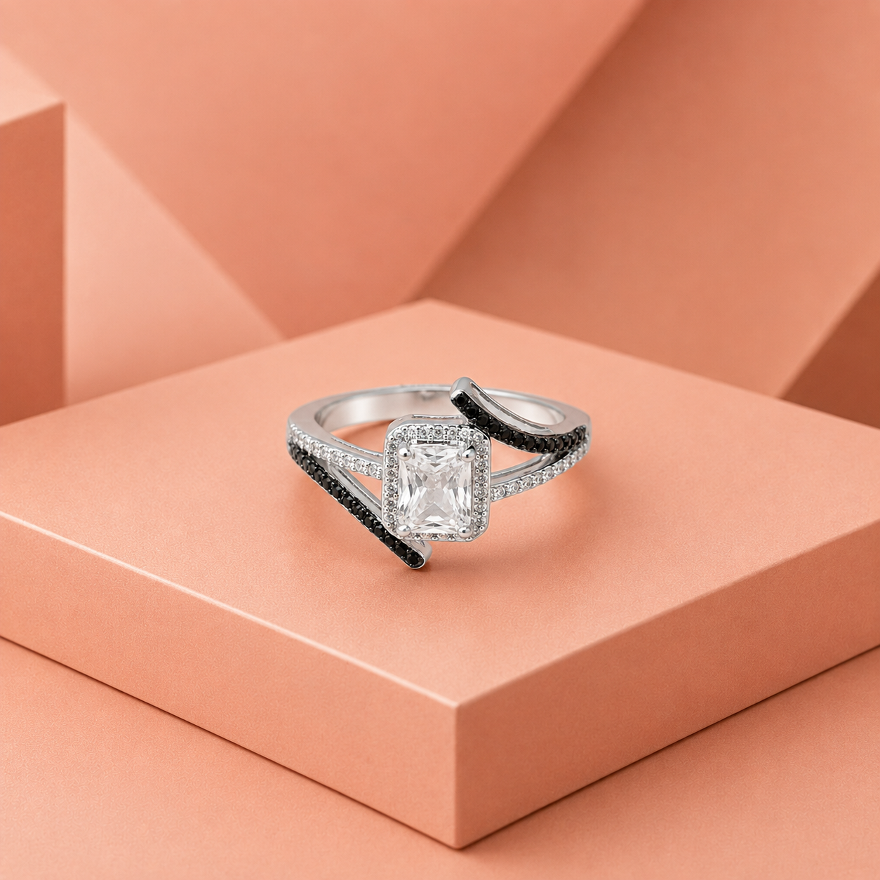 Silver Emerald Cut Black Chevron Ring
