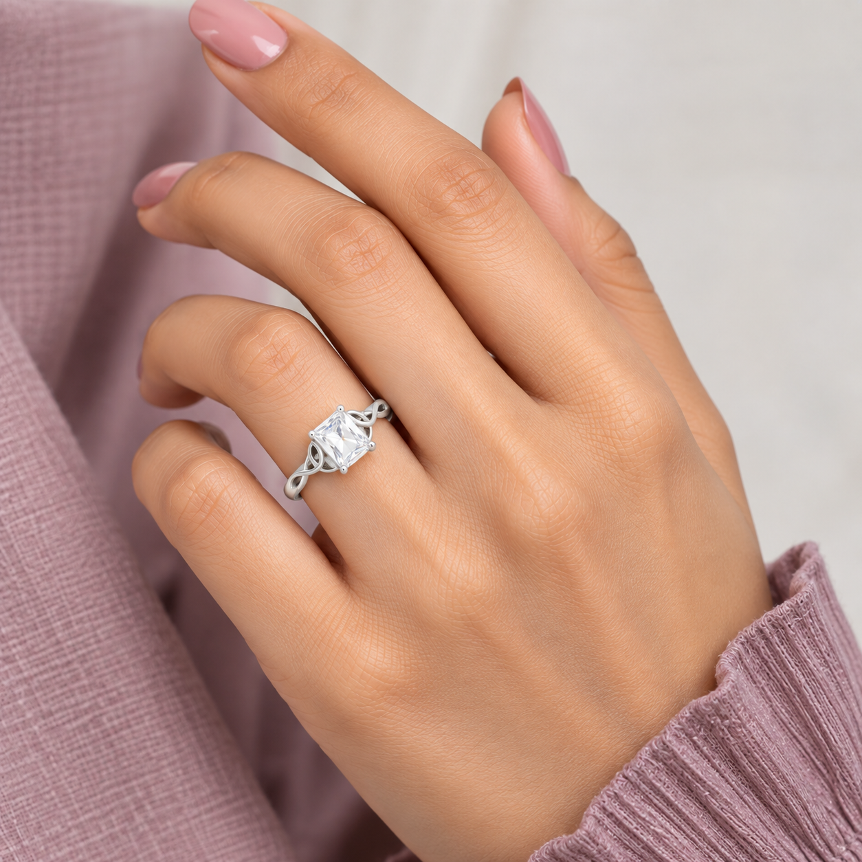 Silver Emerald Cut Celtic Knot Solitaire Ring
